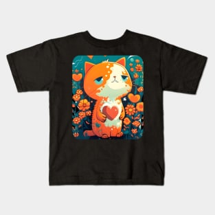 Orange Cat Heart In The Garden Waiting Love Kids T-Shirt